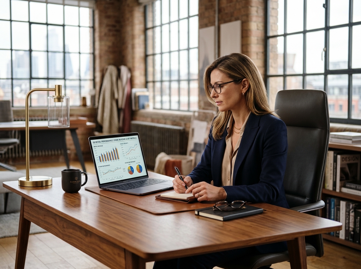 Business director analyzing store revenue on laptop