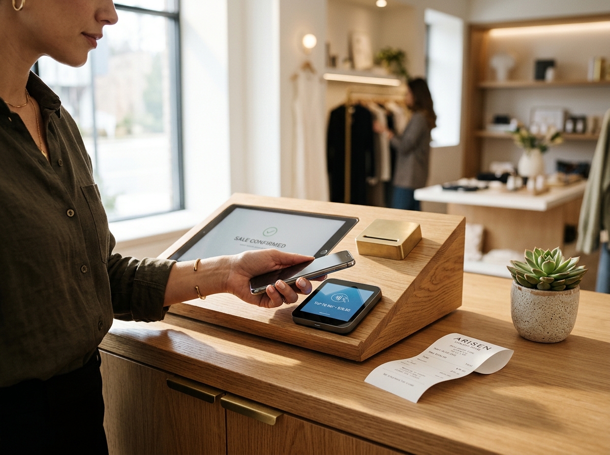 Retail checkout counter with modern payment terminal