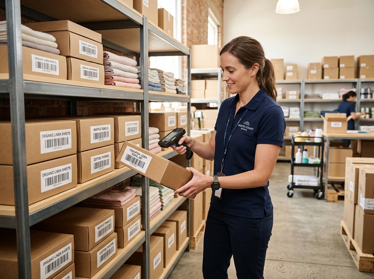 Inventory manager scanning barcode on shelving