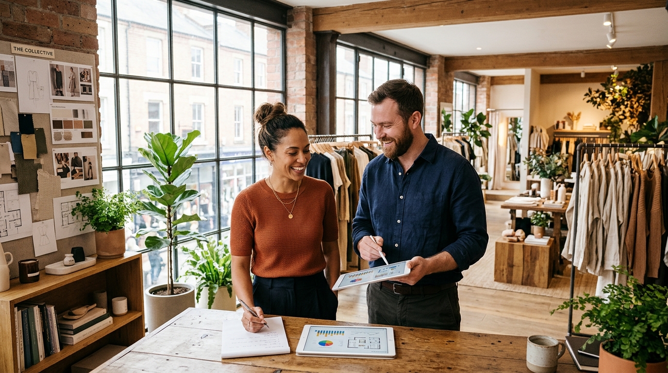 Retail managers collaborating on tablet in boutique shop